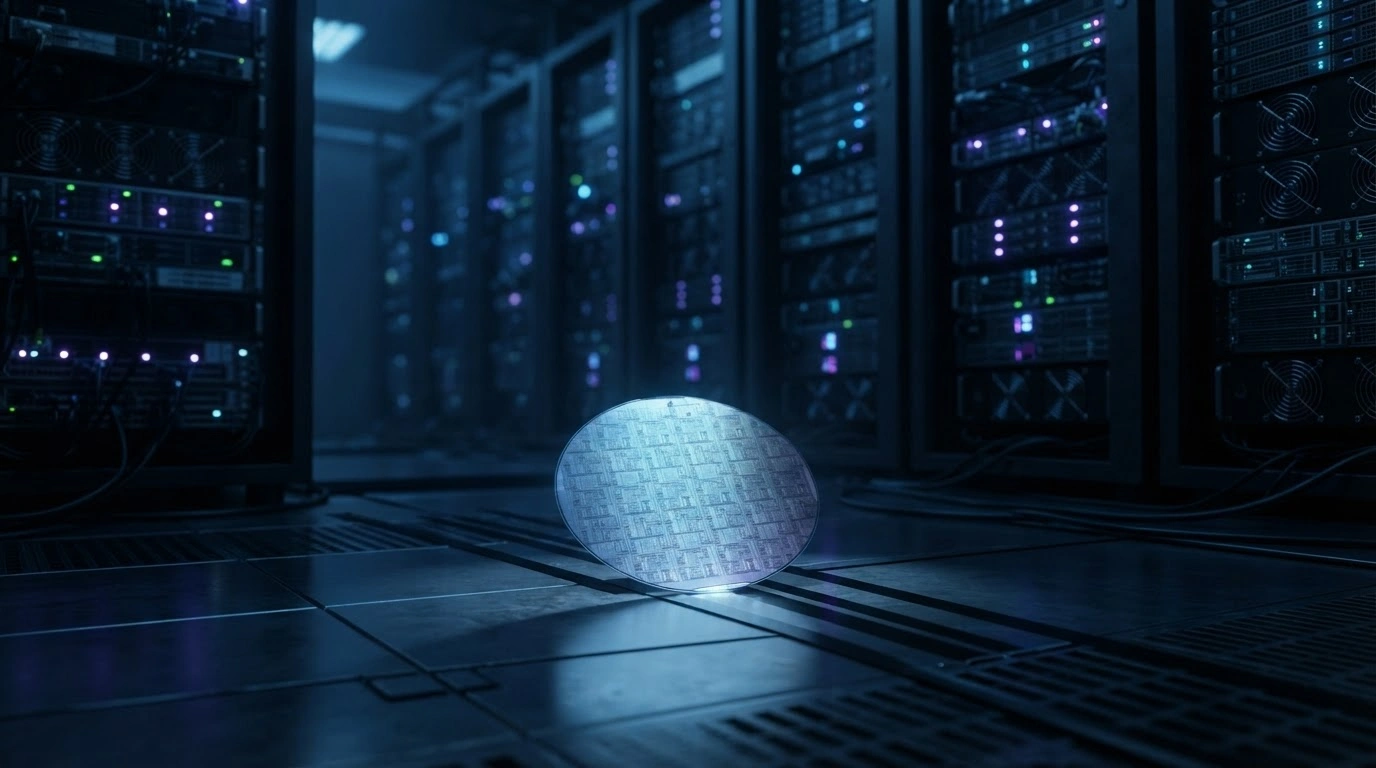 A glowing silicon wafer sits in a high-tech server room, representing the ongoing semiconductor and artificial intelligence competition between China and the United States.