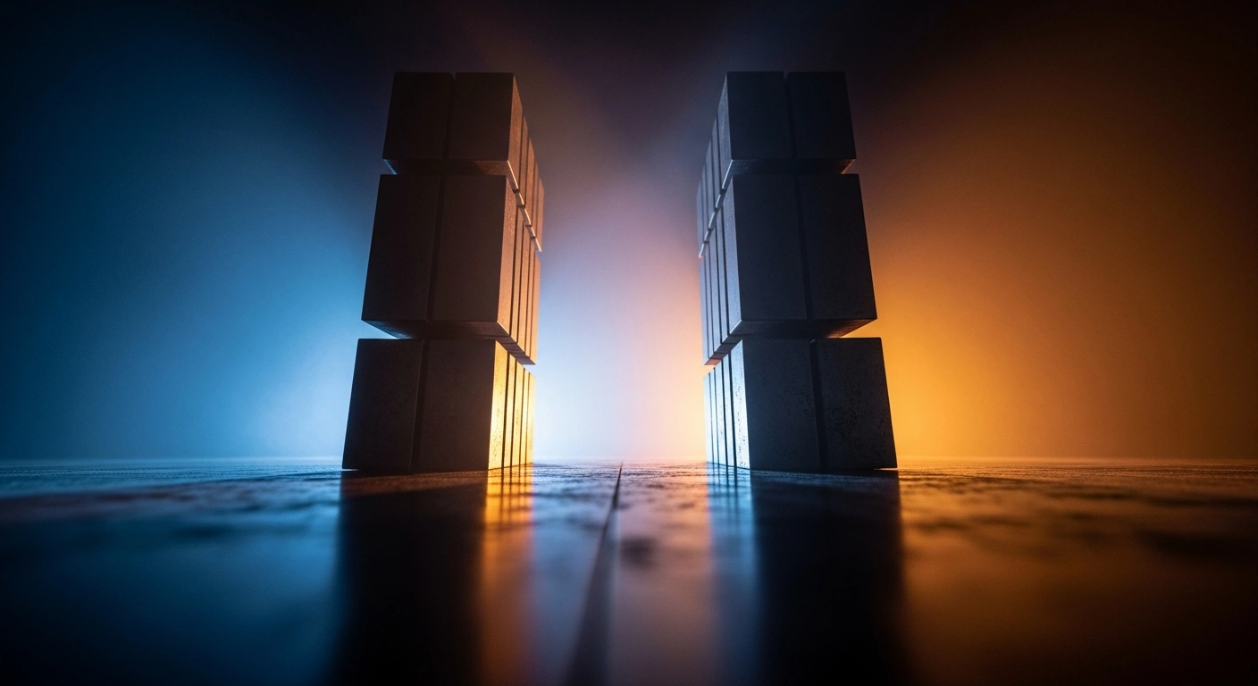 Two abstract steel structures stand in a tense, illuminated standoff to represent the rising trade tensions and investigations between China and the United States.