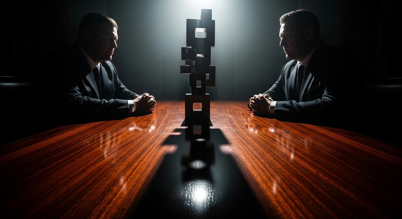 A dramatic, low-angle photograph shows two imposing figures seated at a large, polished table, with a precarious stack of metallic blocks representing tariffs between them, symbolizing the complex and tense trade talks between China and the United States following a Supreme Court ruling and new temporary duties.
