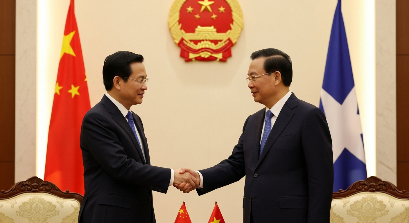 Two distinguished Asian diplomats, representing China and Vietnam, are captured in a firm handshake within a formally lit room, symbolizing the strong party-to-party relations following the 14th National Congress of the Communist Party of Vietnam and the re-election of General Secretary To Lam.