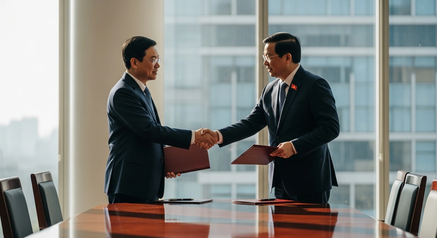 Chinese and Vietnamese officials shake hands during a strategic dialogue meeting held in Hanoi to discuss bilateral relations and security cooperation.
