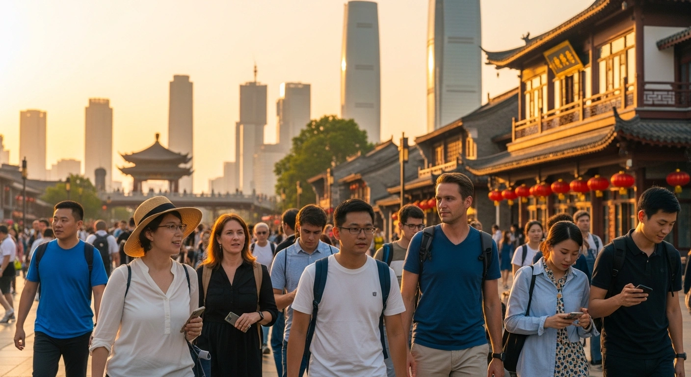 A diverse group of international tourists, including French citizens, are seen exploring a vibrant street in a modern Chinese city during golden hour, symbolizing China's extended visa-free entry policy for 45 nations to boost tourism and international exchanges.