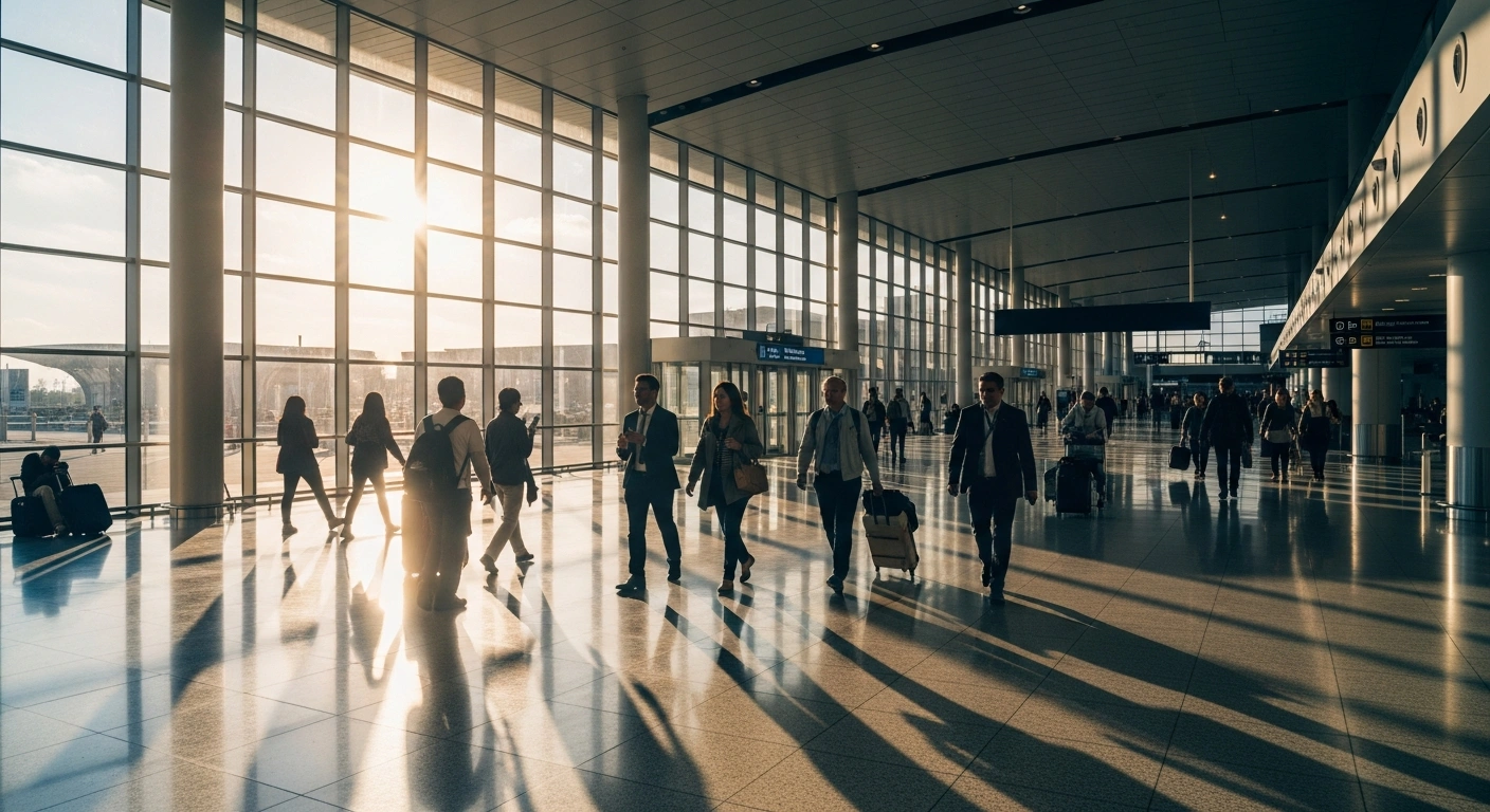 International travelers walk through a modern, sunlit airport terminal as part of China's expanded visa-free entry policy for tourism and business.
