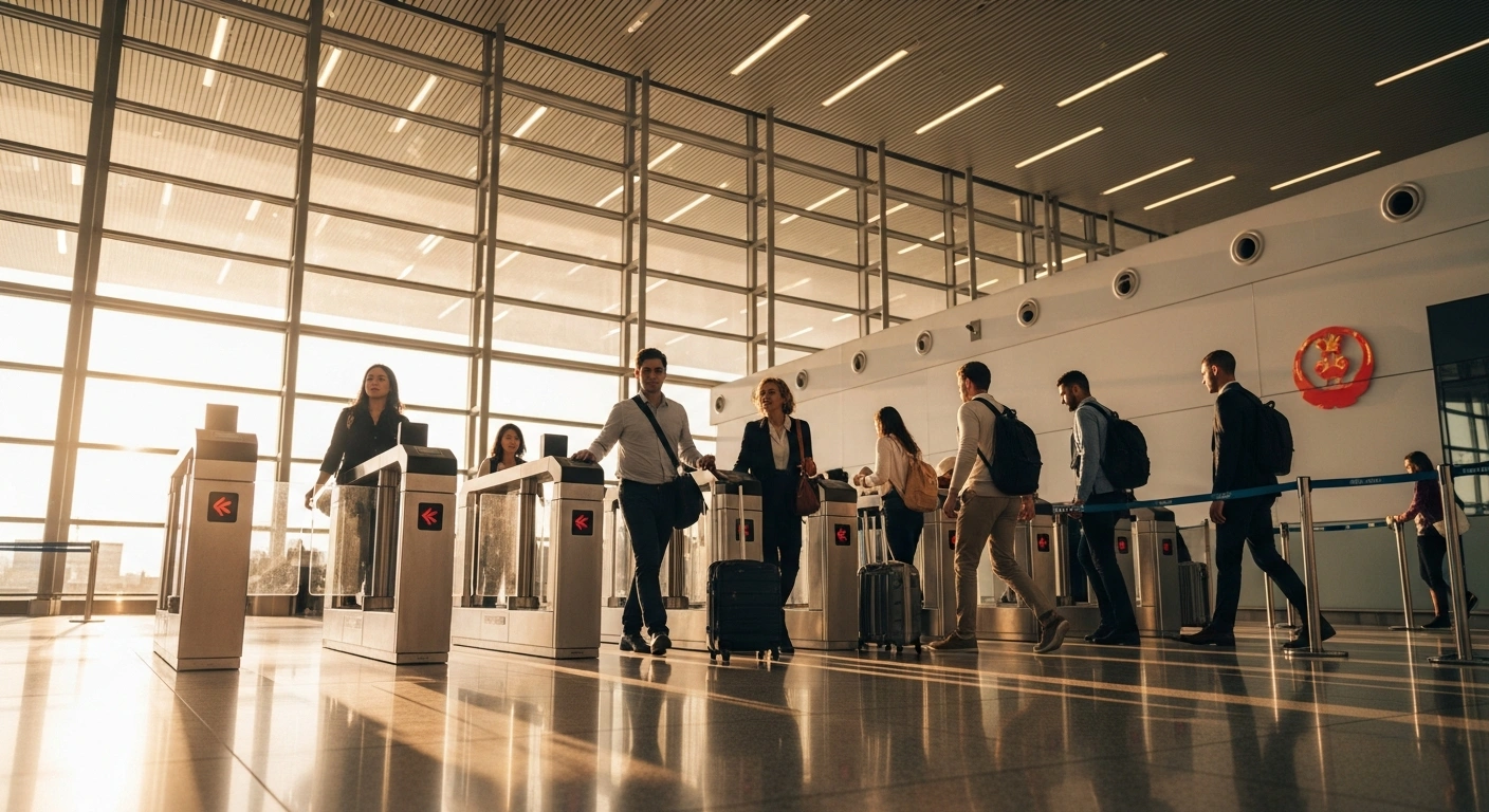 A diverse group of international travelers, including those from France and Sweden, pass through a modern airport immigration gate, symbolizing China's extended visa-free entry policy for 45 countries to facilitate cross-border travel and enhance international engagement.
