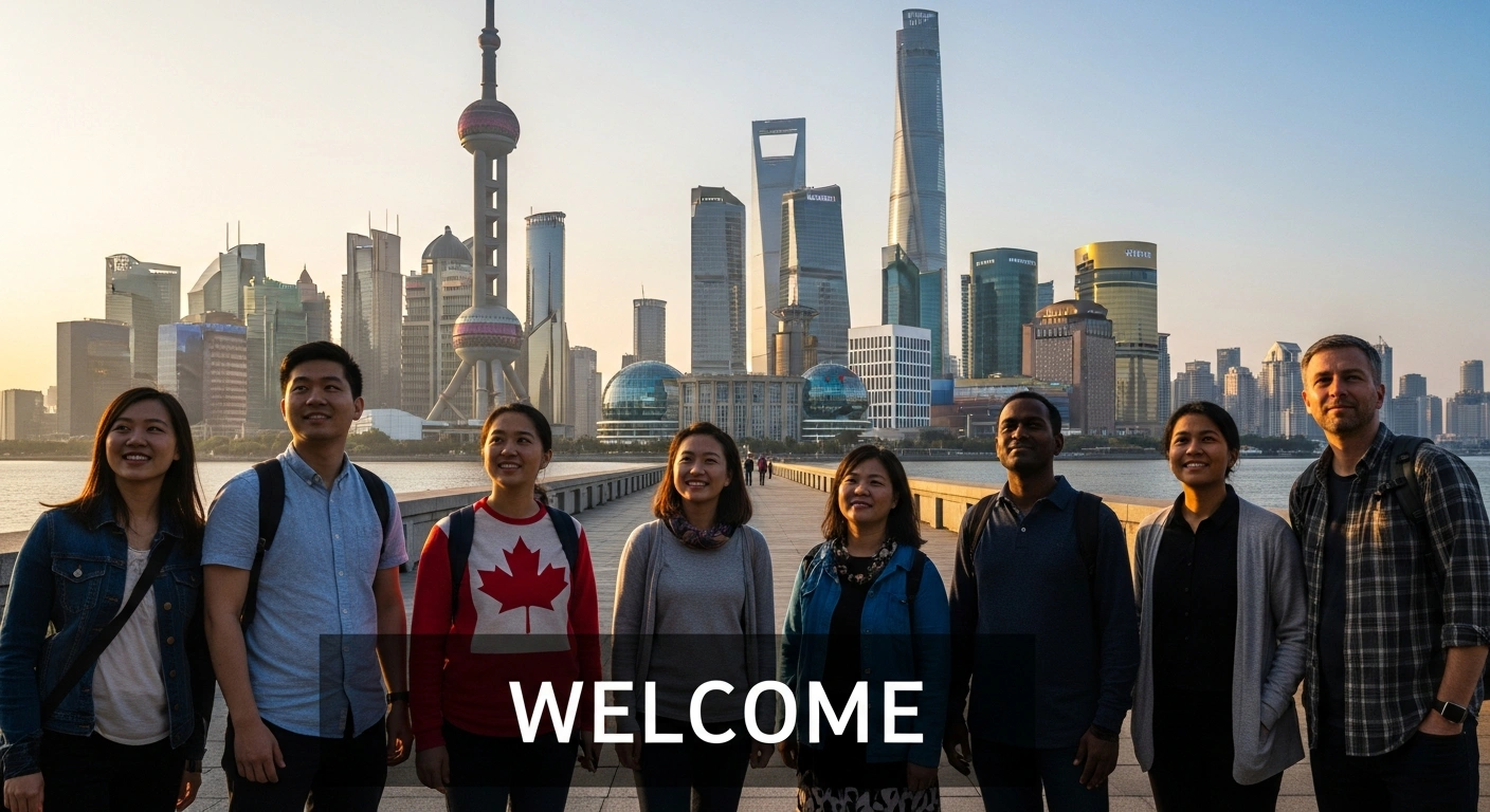 A diverse group of travelers, representing citizens from the United Kingdom and Canada, stand before a modern Chinese city skyline at sunset, symbolizing China's expanded visa-free entry program for tourism, business, and family visits.