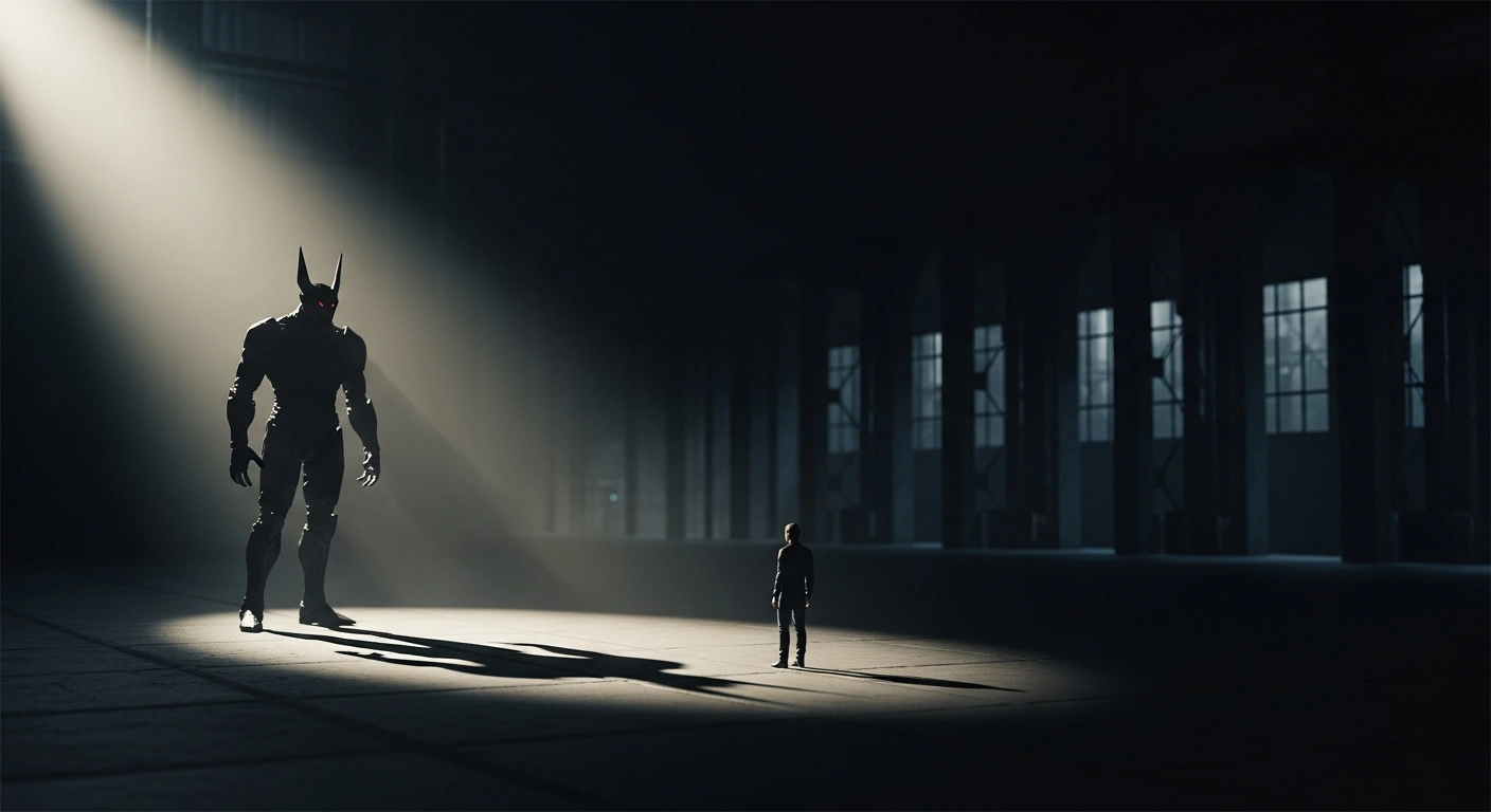 A dramatic, low-key photograph shows a large, imposing silhouette casting a long shadow over a smaller figure in a dimly lit hall, with faint industrial structures visible in the background, symbolizing China's warning to Ukraine against imposing sanctions on Chinese companies supporting Russia's military-industrial complex.