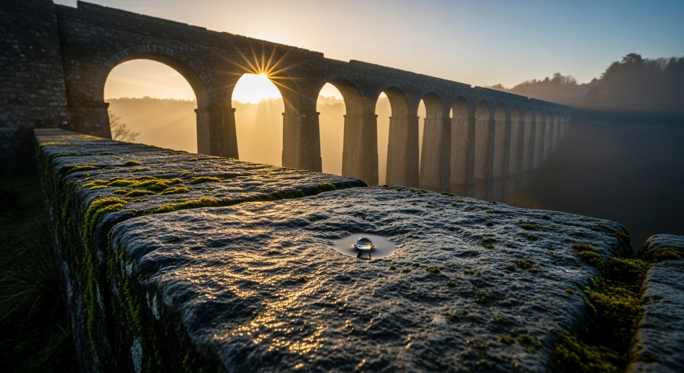 A close-up shot of a weathered stone aqueduct with subtle cracks and moss, stretching across a misty valley under a warm, golden morning sun, symbolizing the stable 'BB+' ratings and anticipated recovery for China Water Affairs Group despite weakened financials.