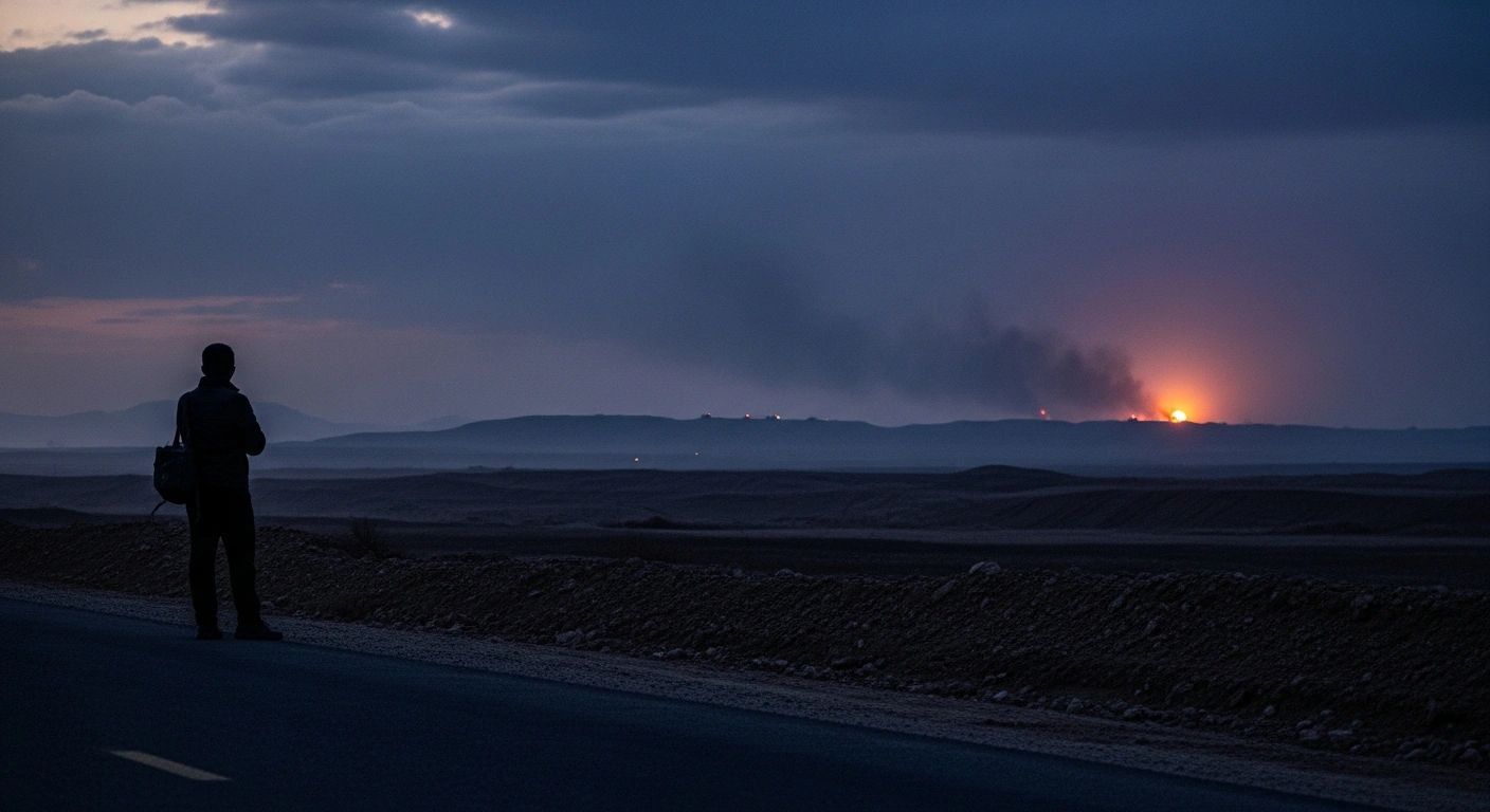A wide, cinematic shot at dusk shows a lone, silhouetted figure on a dusty road in a desert landscape, looking towards a hazy horizon with faint military hardware, symbolizing the escalating security risks in West Asia and a US military buildup, prompting China's advisory for citizens in Iran and Israel.