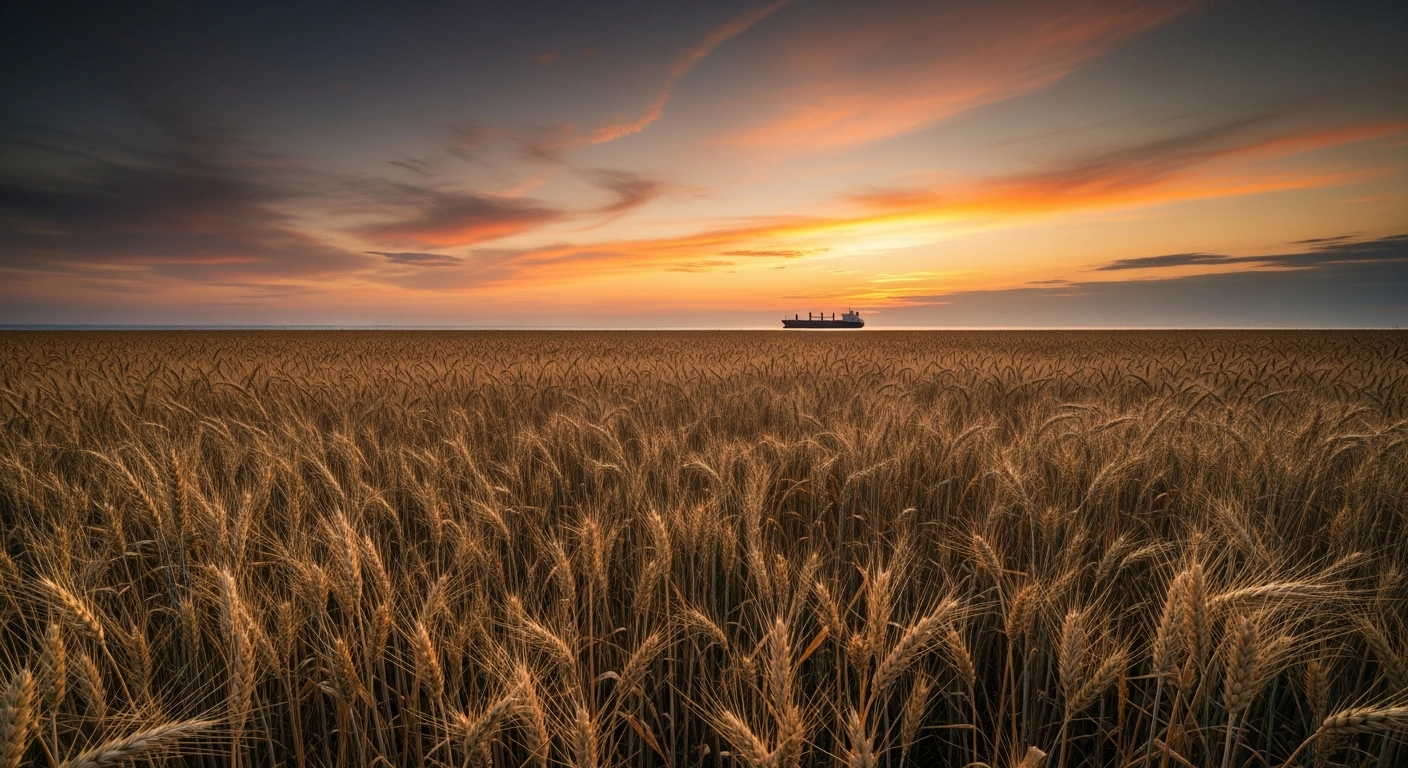 A vast, golden wheat field under a dramatic twilight sky, with a large cargo ship visible on the distant horizon, symbolizing China's increased wheat imports from record harvests in Argentina and Australia.