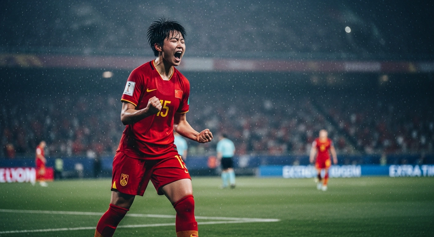 A Chinese women's national soccer team player celebrates a goal during an intense extra-time match at the Women's Asian Cup.