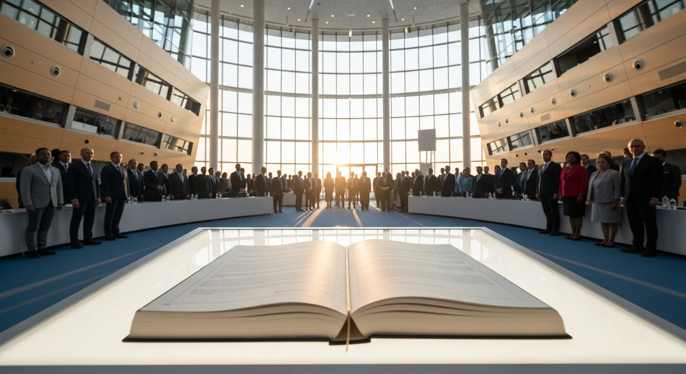 A substantial policy document, representing China's detailed stance on WTO reform, rests on an illuminated podium in a modern international conference hall, surrounded by a diverse assembly of figures, symbolizing multilateralism, development, and fair competition.