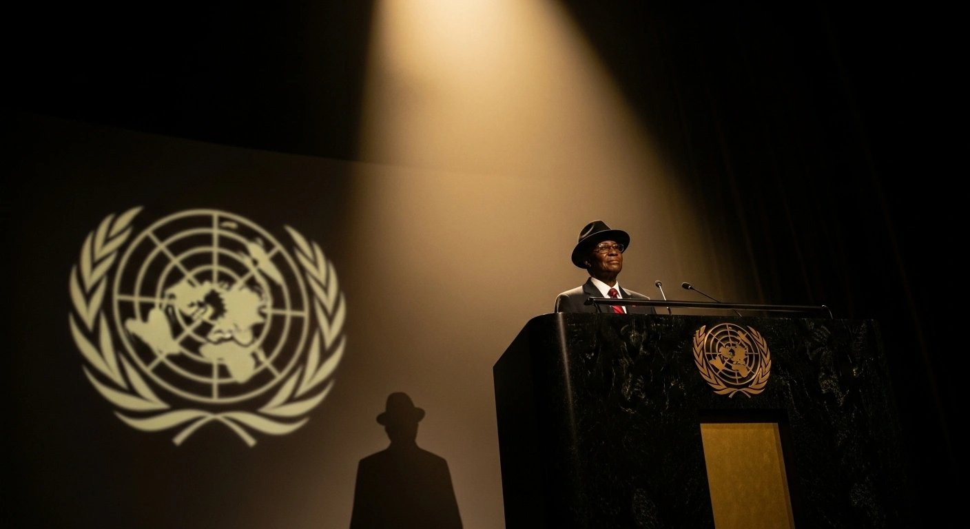A dramatic, low-angle photograph shows a figure, representing China's Premier Li Qiang, at a podium under a spotlight, symbolizing China's announcement at the UN General Assembly to forgo developing country status in future World Trade Organization negotiations.