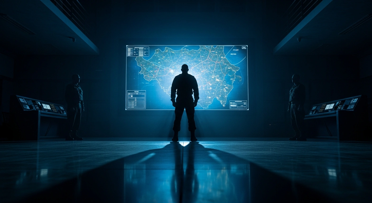 A powerful figure, representing China's President Xi Jinping, stands silhouetted against a glowing tactical map in a dimly lit military command room, while two other figures, representing generals Zhang Youxia and Liu Zhenli, stand rigidly in the background, symbolizing the ongoing military purge and investigation within the People's Liberation Army.