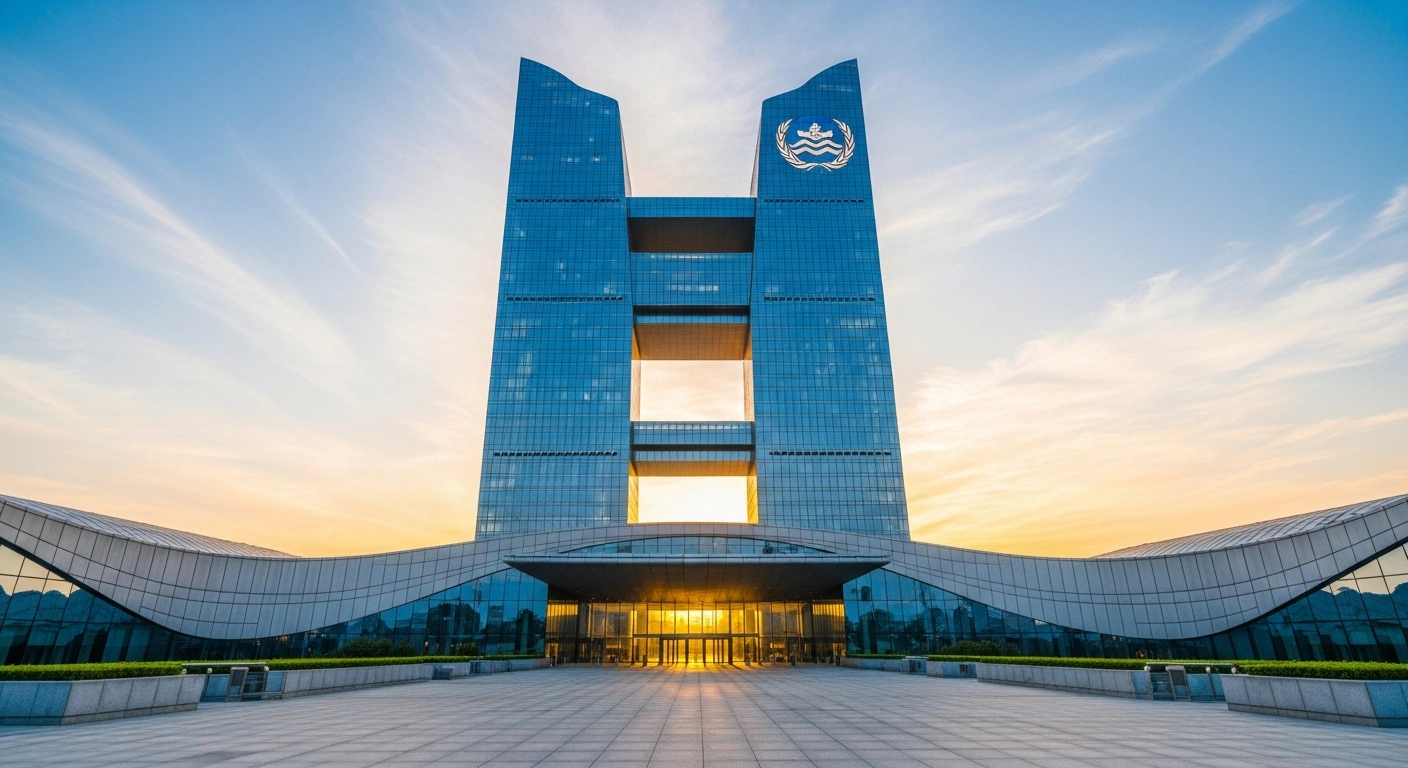 A sleek, modern architectural building in Xiamen, China, symbolizing the proposed secretariat for the High Seas Treaty (BBNJ Agreement) and China's growing influence in global environmental governance, illuminated by a golden sunrise.