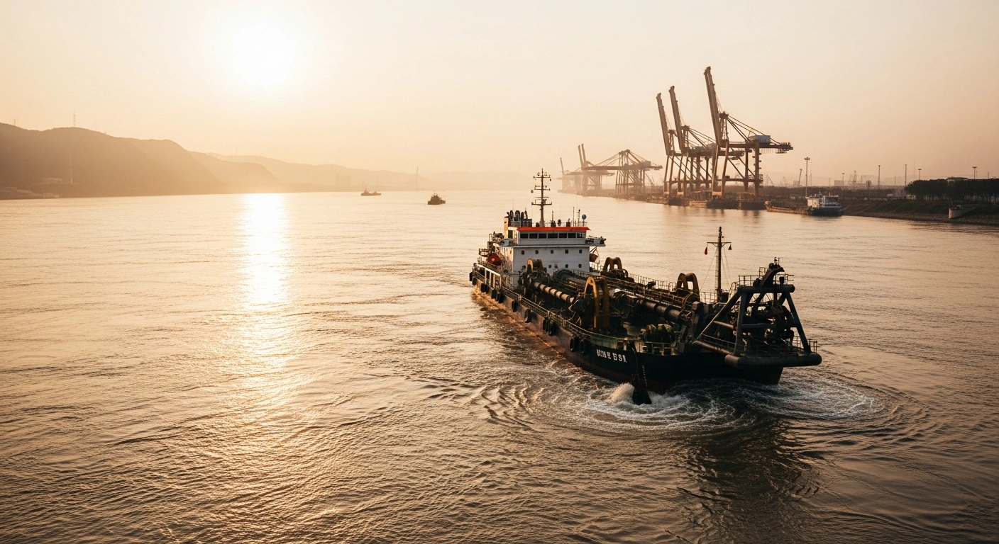 A large industrial dredging ship operates on the Yangtze River to improve shipping capacity and modernize port infrastructure in China.