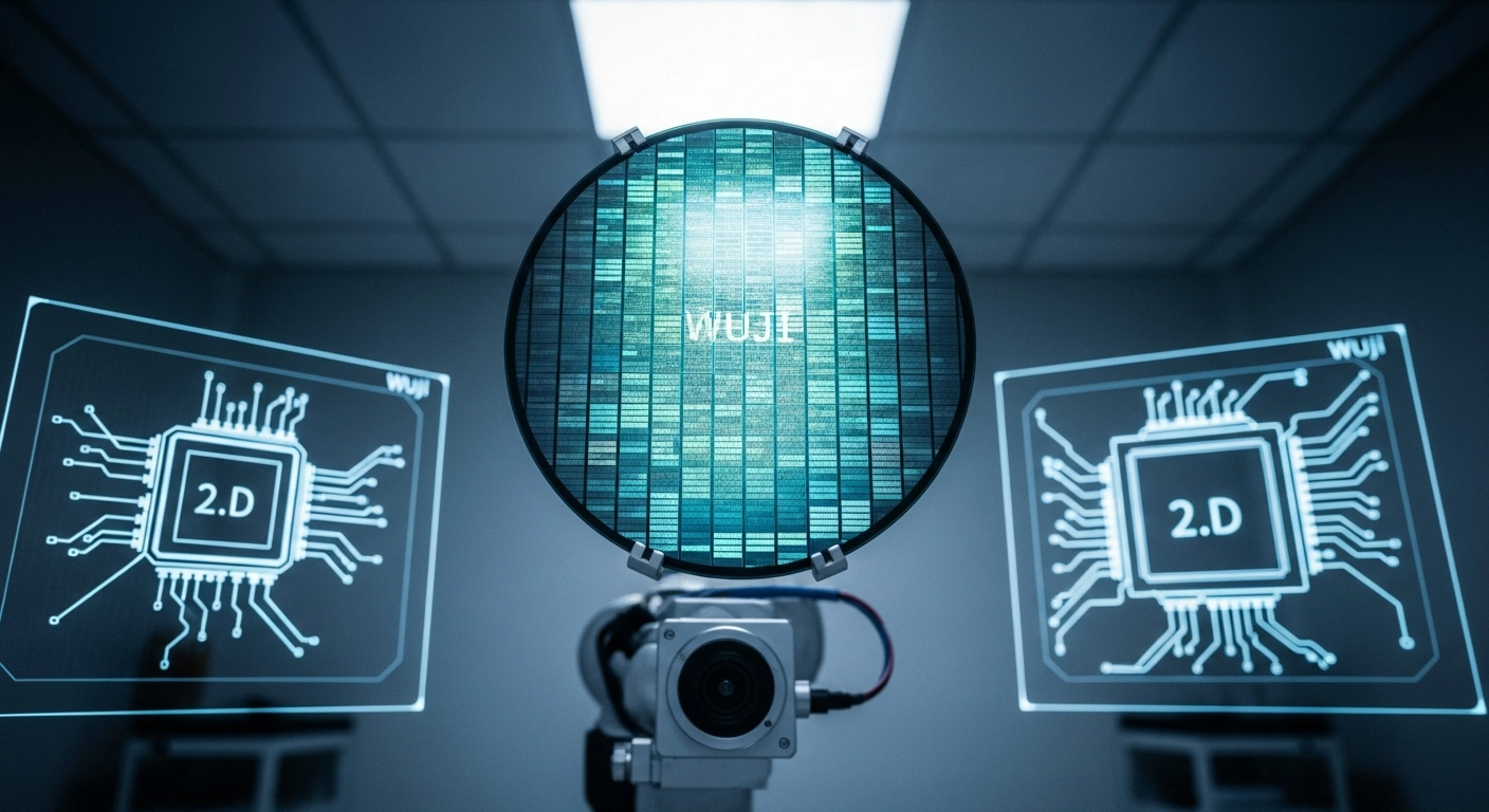 A robotic arm delicately holds a glowing 6-inch single-crystalline molybdenum disulfide wafer in a futuristic cleanroom, symbolizing Chinese researchers' advancements in 2D semiconductor technology, including the 'Wuji' microprocessor and 2D memory integration for next-generation chips.
