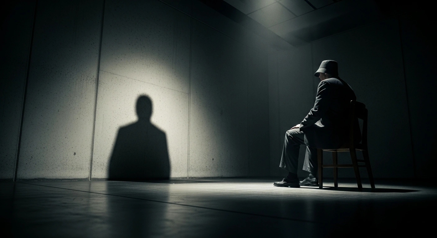 A lone individual stands in a dimly lit interrogation room representing the sentencing of a Chinese aerospace engineer for leaking state secrets.