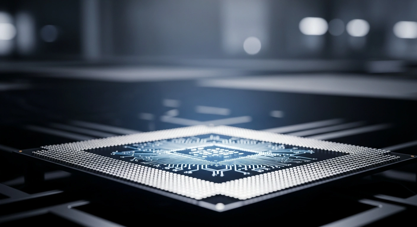 A close-up, detailed photograph of a sophisticated, glowing AI chip, representing the Chana Tensor Processing Unit (TPU) launched into mass production by Chinese startup Zhonghao Xinying (CL Tech), which aims to offer superior performance and energy efficiency compared to Nvidia's A100 GPU.