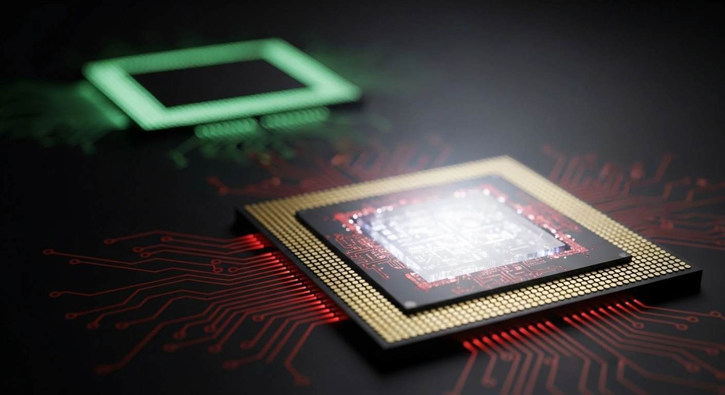 A close-up, low-angle shot of a futuristic, glowing Chinese AI chip with red and gold circuitry, symbolizing the rise of Alibaba and Baidu's self-designed chips for AI model training, while a faint, green-hued chip recedes in the background, representing the challenge to Nvidia amidst US export restrictions.