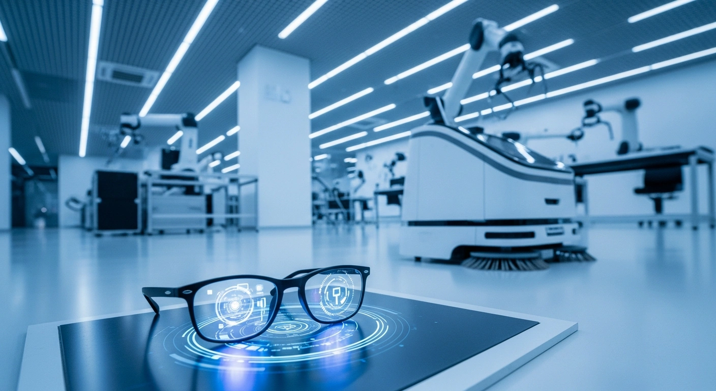 A low-angle view inside a modern Chinese AI research and manufacturing facility showcases a pair of AI-enhanced smart glasses on a holographic display, with an autonomous cleaning robot and robotic arms in the background, representing the rapid advancement of Chinese firms in tangible AI hardware products and market growth.