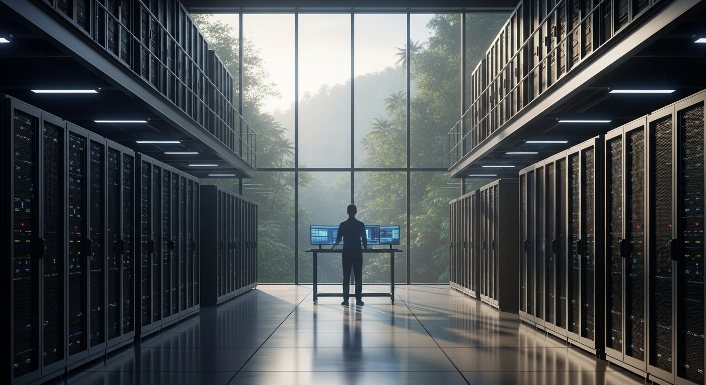 A vast, dimly lit server farm with towering racks of blue-lit servers, seen through a panoramic window overlooking a vibrant Southeast Asian jungle at dawn, representing Chinese technology companies like Alibaba and ByteDance training advanced AI models in overseas data centers to circumvent US export controls on Nvidia chips.