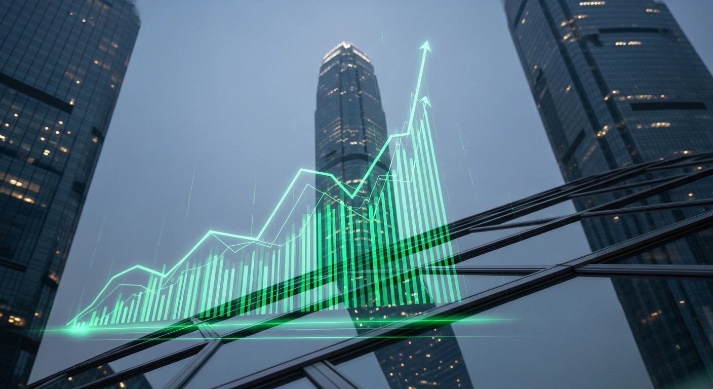 A futuristic Hong Kong cityscape at twilight, featuring holographic digital graphs surging upwards in vibrant green, symbolizing the significant stock surges of Chinese generative AI startups Zhipu and MiniMax Group Inc. on February 20, 2026, reflecting an investor shift towards AI plays.