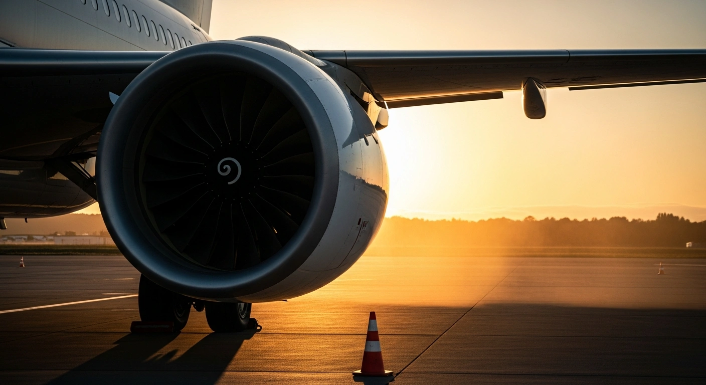 A close-up view of a commercial airplane engine on a tarmac representing the rising fuel costs for Chinese domestic airlines.