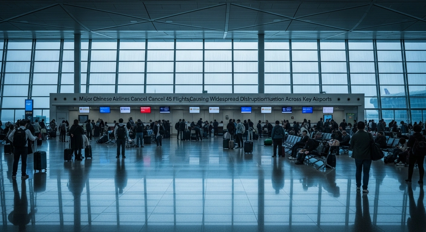 A wide shot of a modern, rain-streaked airport terminal shows numerous weary travelers experiencing significant travel disruption due to 45 flight cancellations by major Chinese airlines like Air China, China Southern, and China Eastern on November 6, 2025, affecting key hubs like Beijing, Shanghai, and Chengdu due to operational issues and weather.