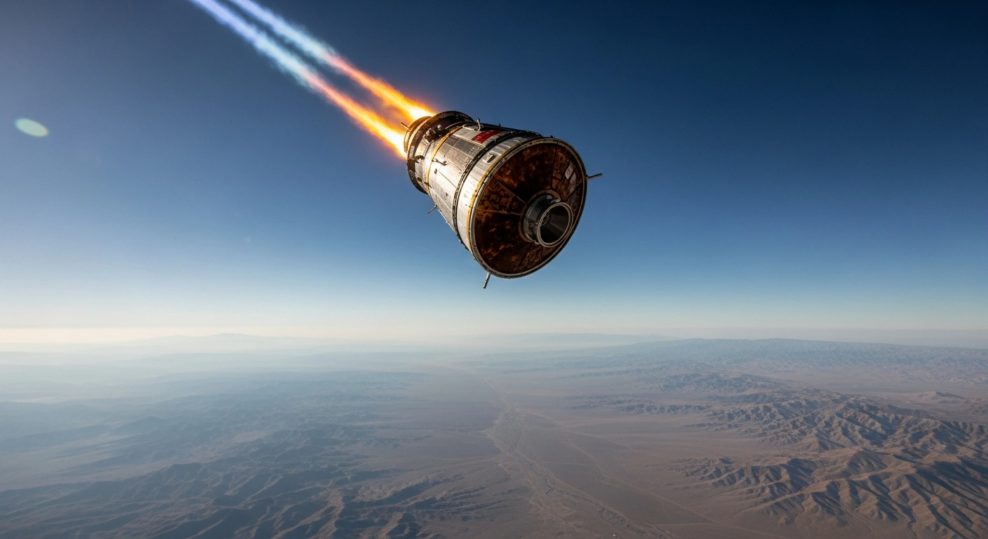 The Shenzhou return capsule descends through the atmosphere to land in the desert after completing a seven-month mission at the Tiangong space station.
