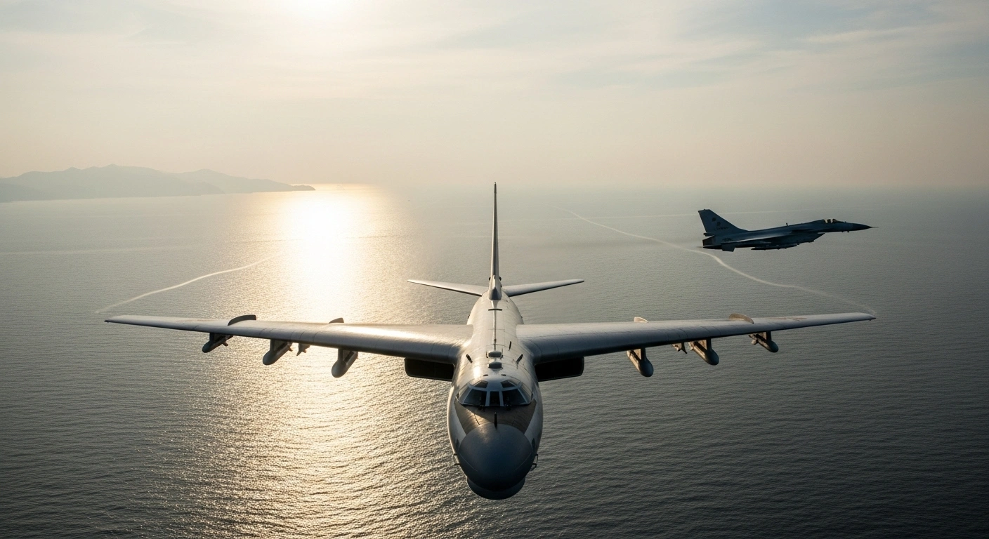 A wide, low-angle shot captures a Chinese H-6K bomber flying over a vast sea at dusk, with a J-10 fighter jet performing a maneuver in the background, symbolizing military drills near Taiwan.