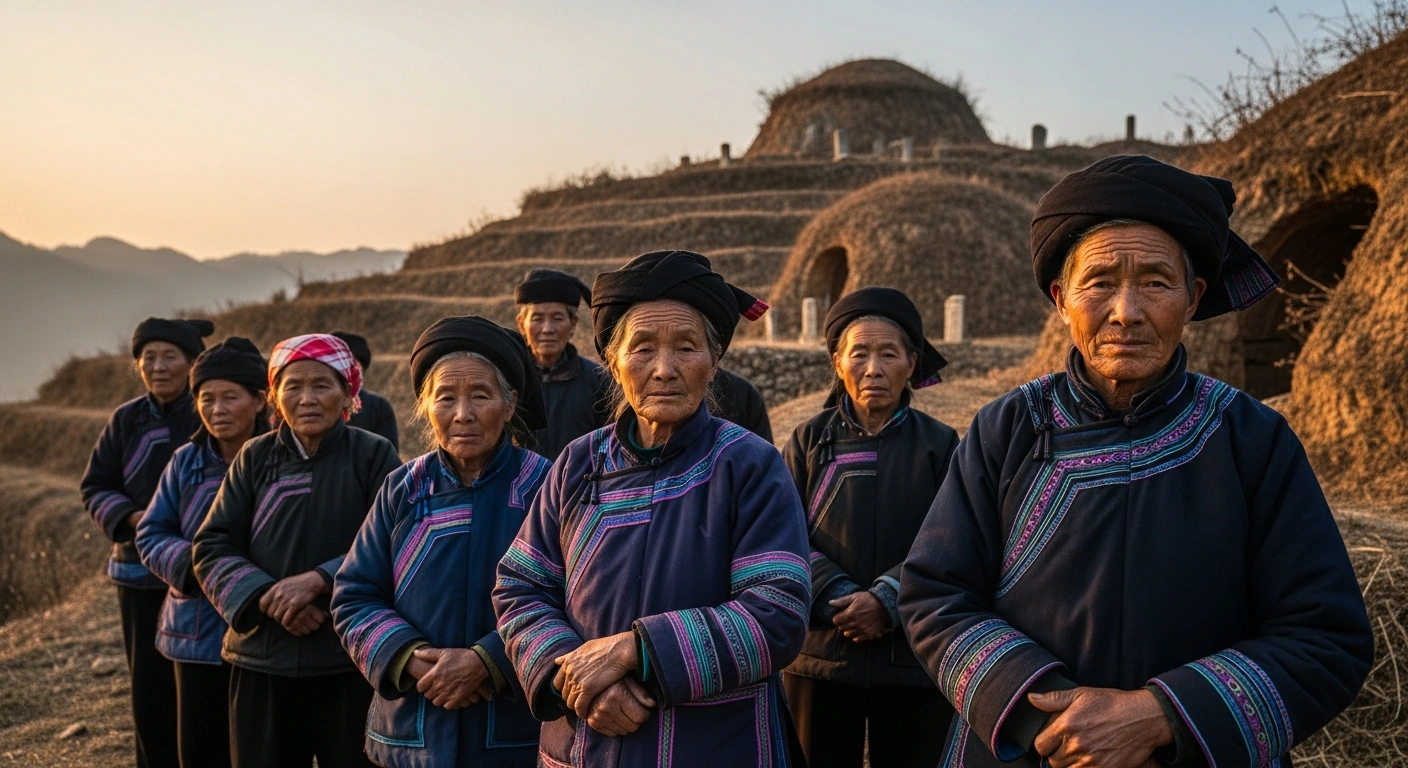 Elderly Chinese villagers in a rural province, illuminated by golden hour light, stand united on a hillside near traditional burial mounds, symbolizing their cultural resistance against government mandates enforcing cremation.