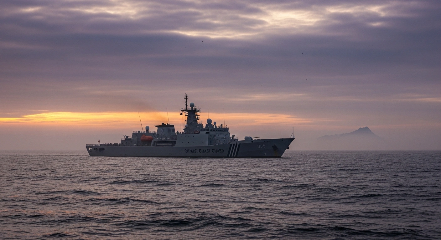 A Chinese Coast Guard vessel is silhouetted against a dramatic dawn sky over a choppy sea, patrolling near the disputed Japan-administered Senkaku Islands, symbolizing escalating regional tensions.