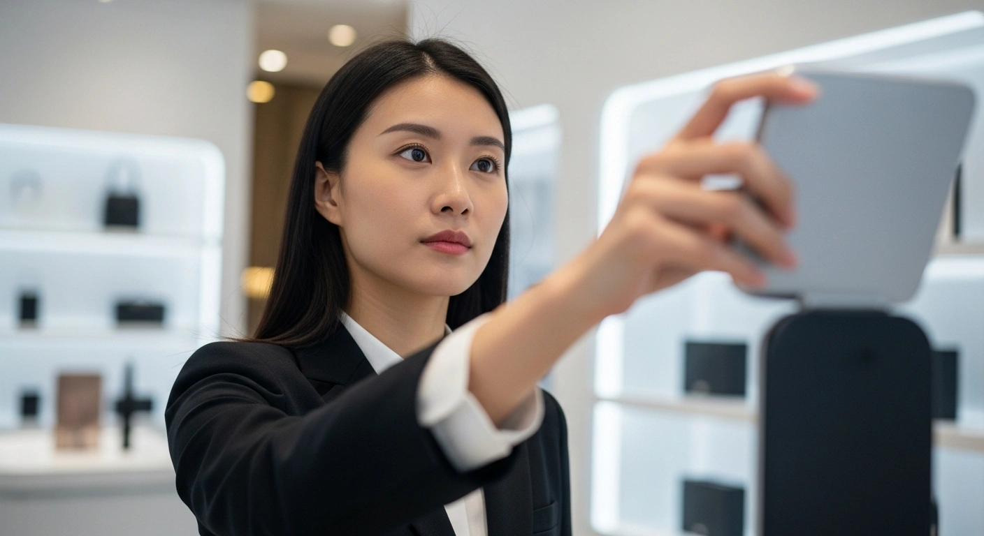 A young Chinese woman in a stylish, modern boutique thoughtfully examines a premium product, symbolizing the evolving consumer behavior among younger demographics in China who prioritize quality, value, and personal lifestyle choices, including both foreign and innovative domestic brands, despite diplomatic tensions.