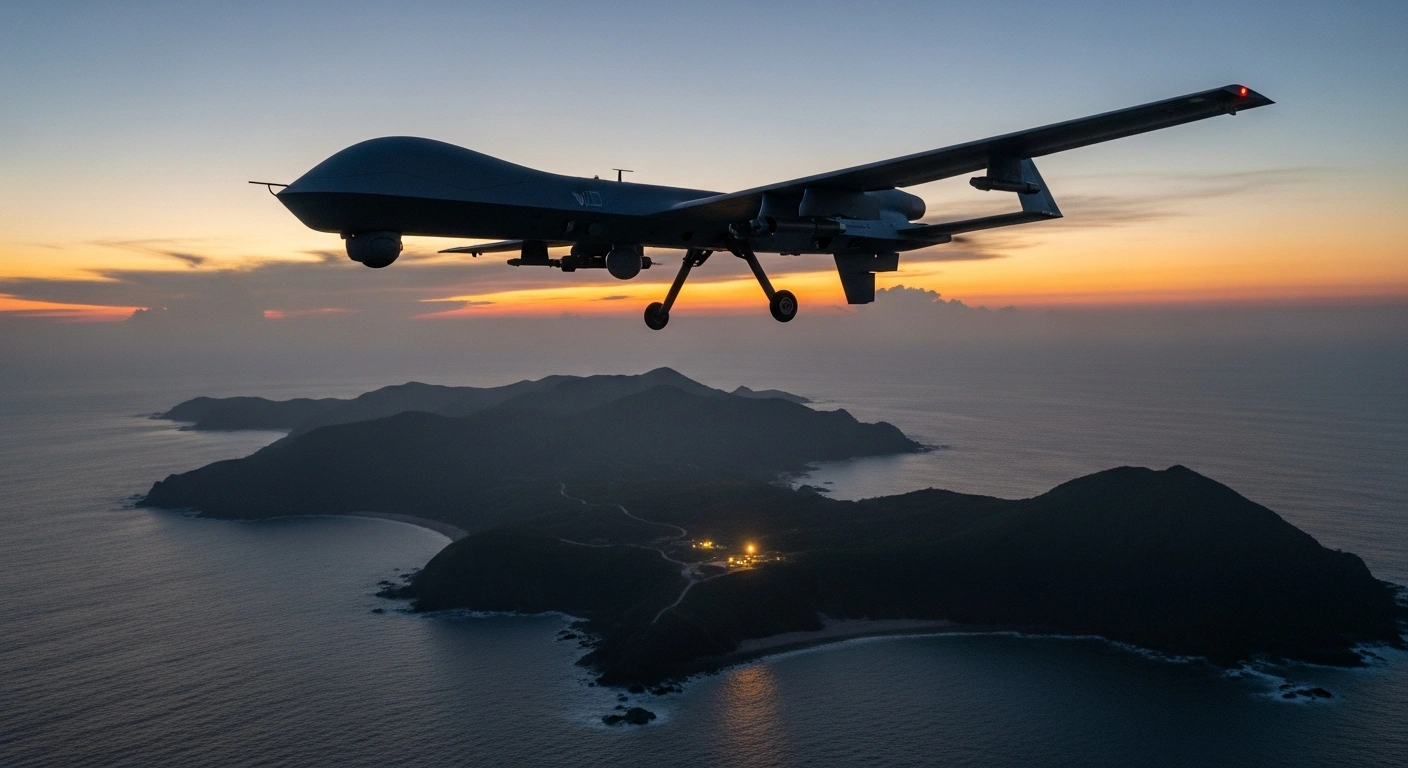 A high-angle view of a sleek, dark Chinese reconnaissance drone silhouetted against a dramatic sunset sky, flying over the rugged, sparsely lit Pratas Islands controlled by Taiwan.