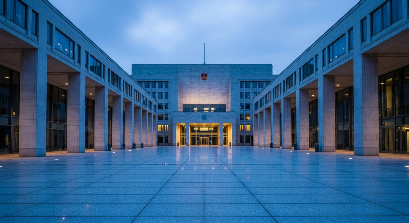 The exterior of the Chinese Embassy building stands under a twilight sky, representing the official stance on maritime and domestic policies.