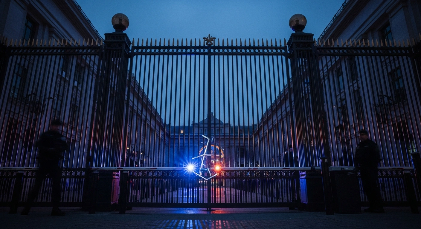 The exterior of the Chinese embassy in Tokyo is guarded by security personnel following a security breach incident.