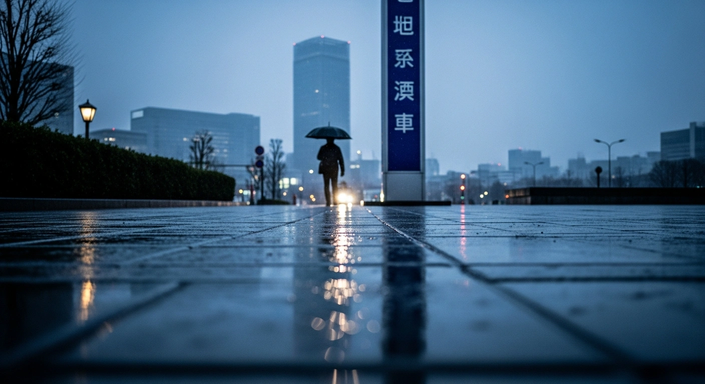 A dimly lit, rain-slicked Tokyo street at dusk, with a blurred figure walking away from an imposing, out-of-focus official sign, symbolizing the Chinese Embassy's reissued travel advisory for Chinese citizens to Japan following a robbery and tear gas attack in Ueno.
