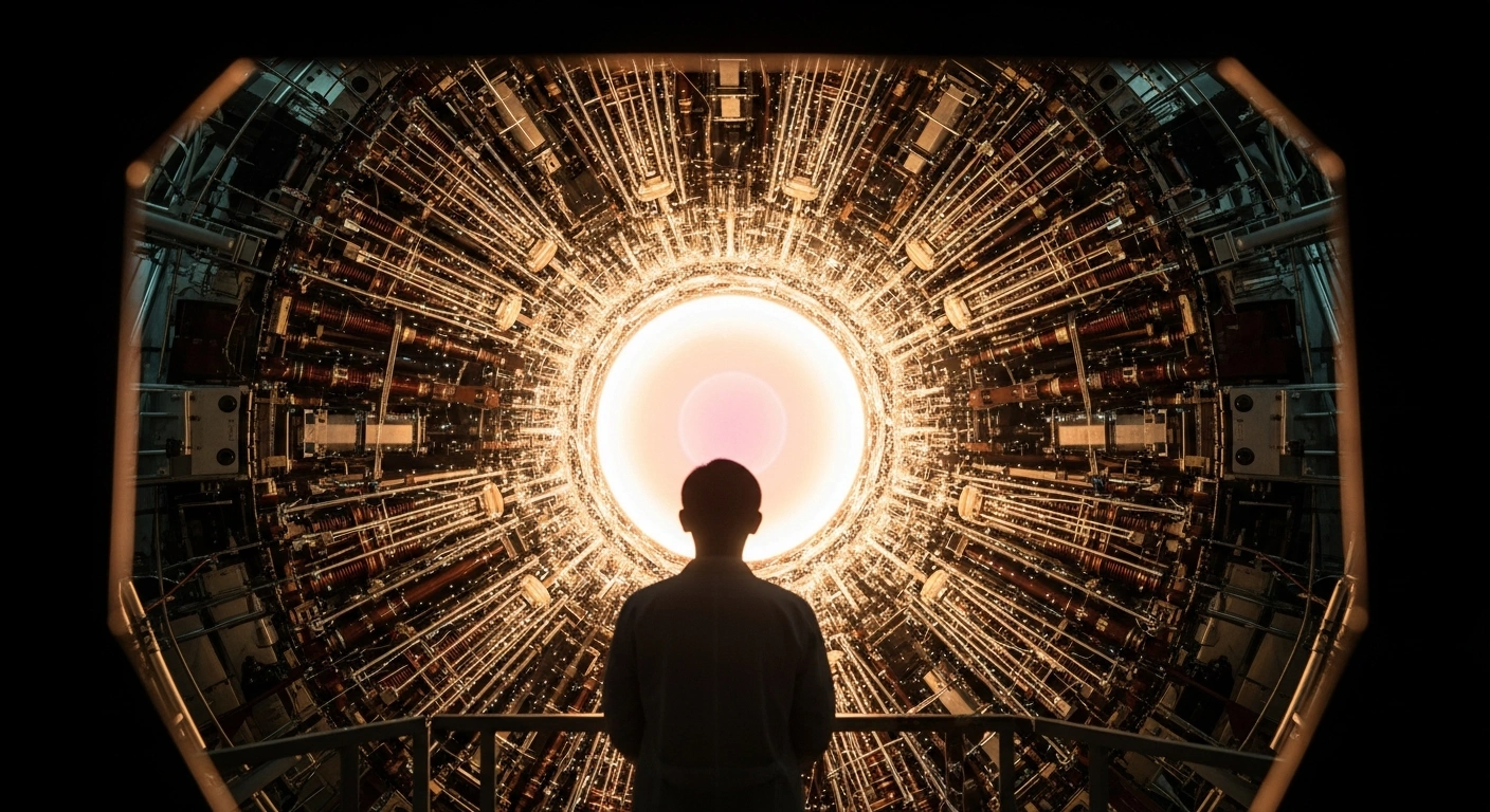 A lone scientist observes the intensely glowing golden-white plasma core within a futuristic tokamak reactor, representing the significant breakthrough by Chinese scientists at the Experimental Advanced Superconducting Tokamak (EAST) in achieving stable, high-density nuclear fusion fuel, bringing sustained power closer.