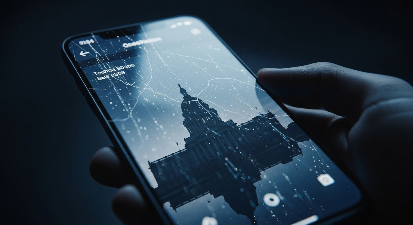 A close-up shot of a smartphone screen displaying fragmented data and digital tendrils, reflecting a shadowy silhouette of a government building, symbolizing the reported compromise of senior Downing Street aides' mobile phones by Chinese state-sponsored hackers.