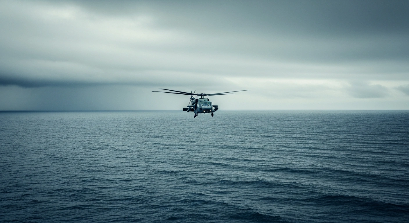 A Chinese military helicopter flies over the Taiwan Strait as regional tensions rise.