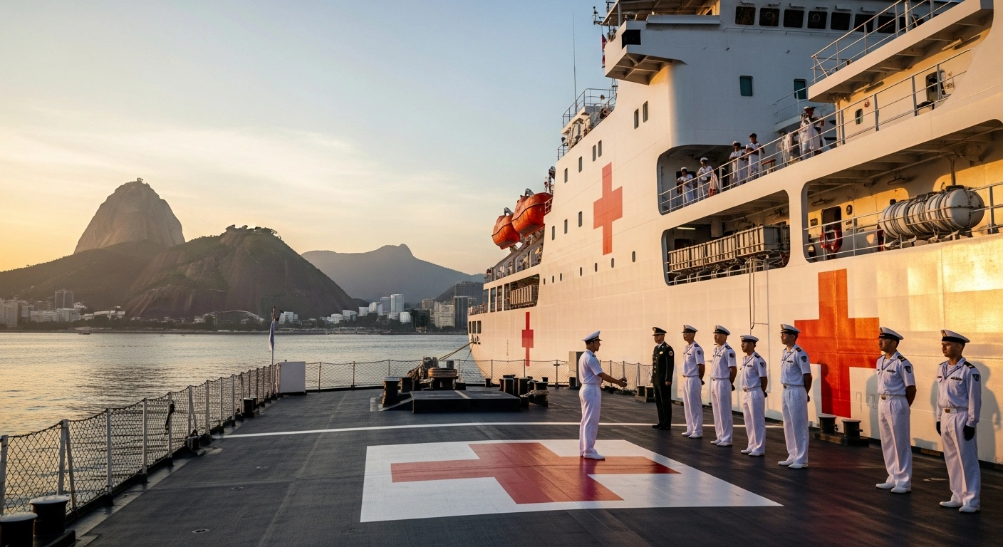 The Chinese People's Liberation Army Navy hospital ship 'Silk Road Ark' is docked in Rio de Janeiro, Brazil, at sunset, with Chinese and Brazilian naval personnel on deck, symbolizing the 'Harmony Mission 2025' and China's expanding naval presence in the Western Hemisphere.