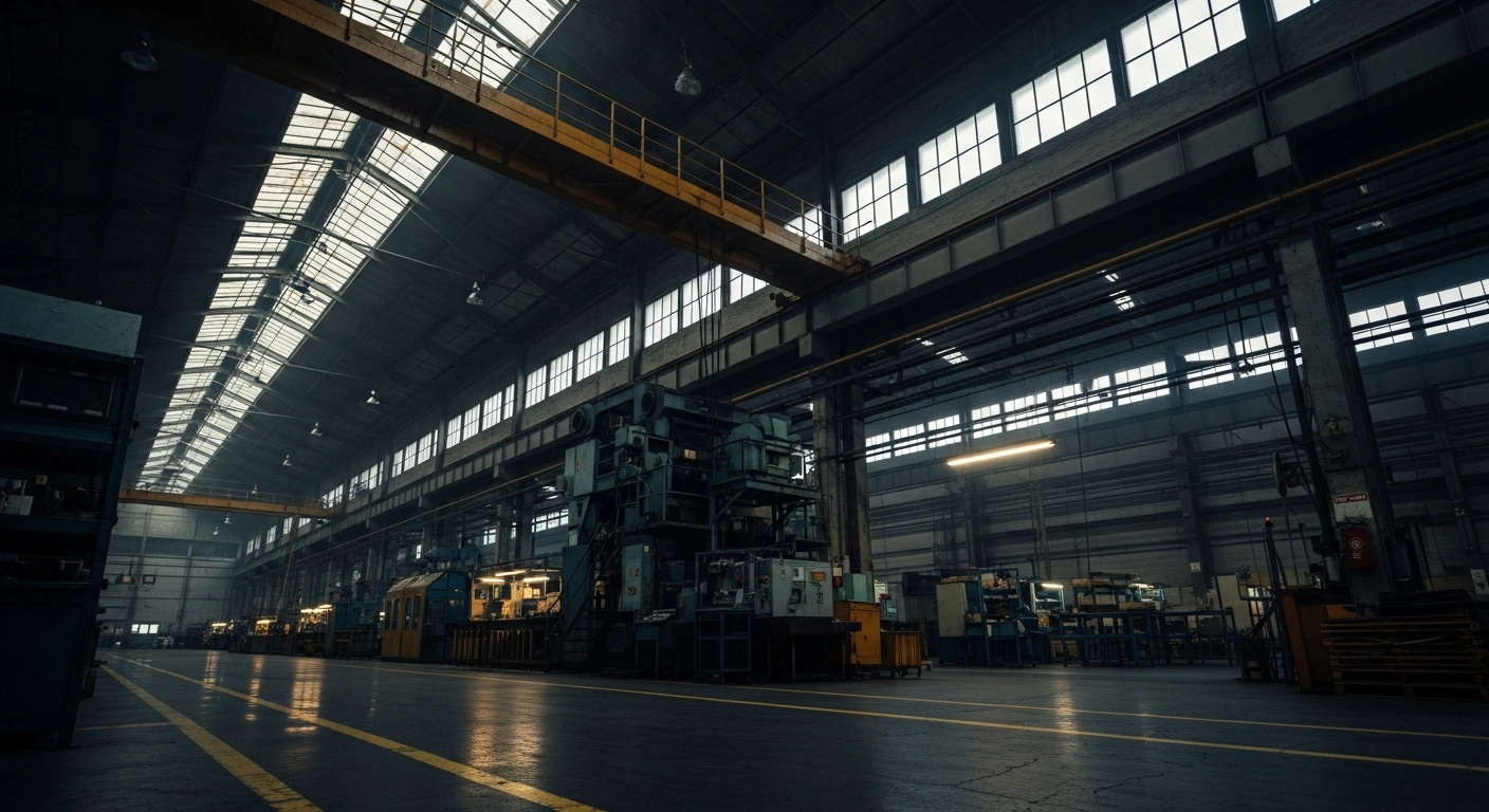 A vast, dimly lit industrial factory floor with dormant machinery and long shadows, illuminated by cold light from high windows and a flickering fluorescent tube, visually representing the 5.5% decline in profits for Chinese industrial firms in October due attributed to slowing economic momentum and US-China trade tensions.