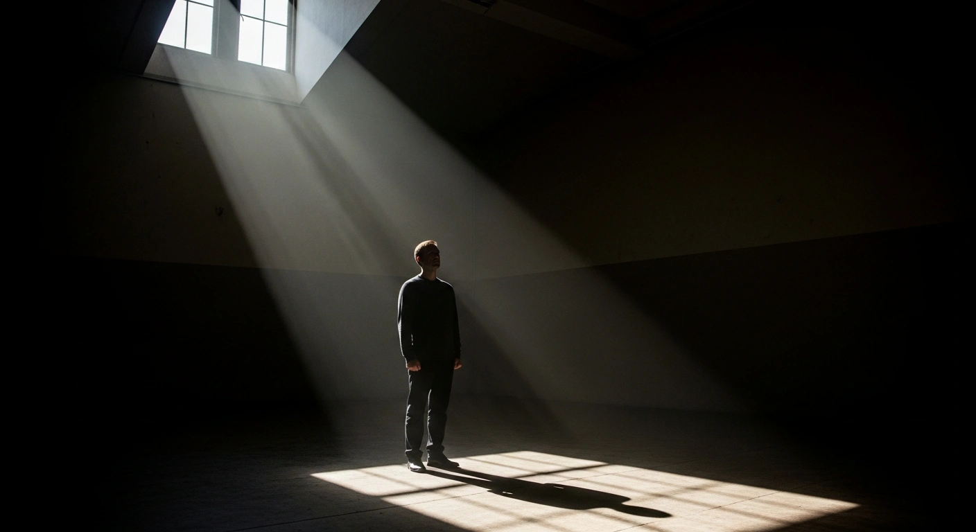 A lone male figure stands in a dimly lit, austere room with a single beam of light, symbolizing the seven-year prison sentence upheld by the Beijing High Court for veteran Chinese journalist Dong Yuyu on espionage charges, which has drawn international condemnation.