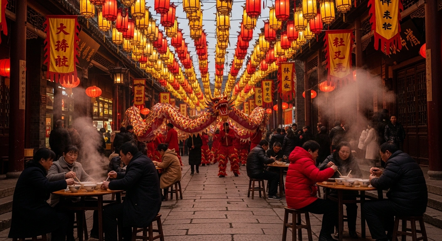 A vibrant night scene in China during the Lantern Festival, depicting an elaborate dragon dance winding through a street illuminated by countless glowing red and gold lanterns, with people in the foreground enjoying bowls of tangyuan.
