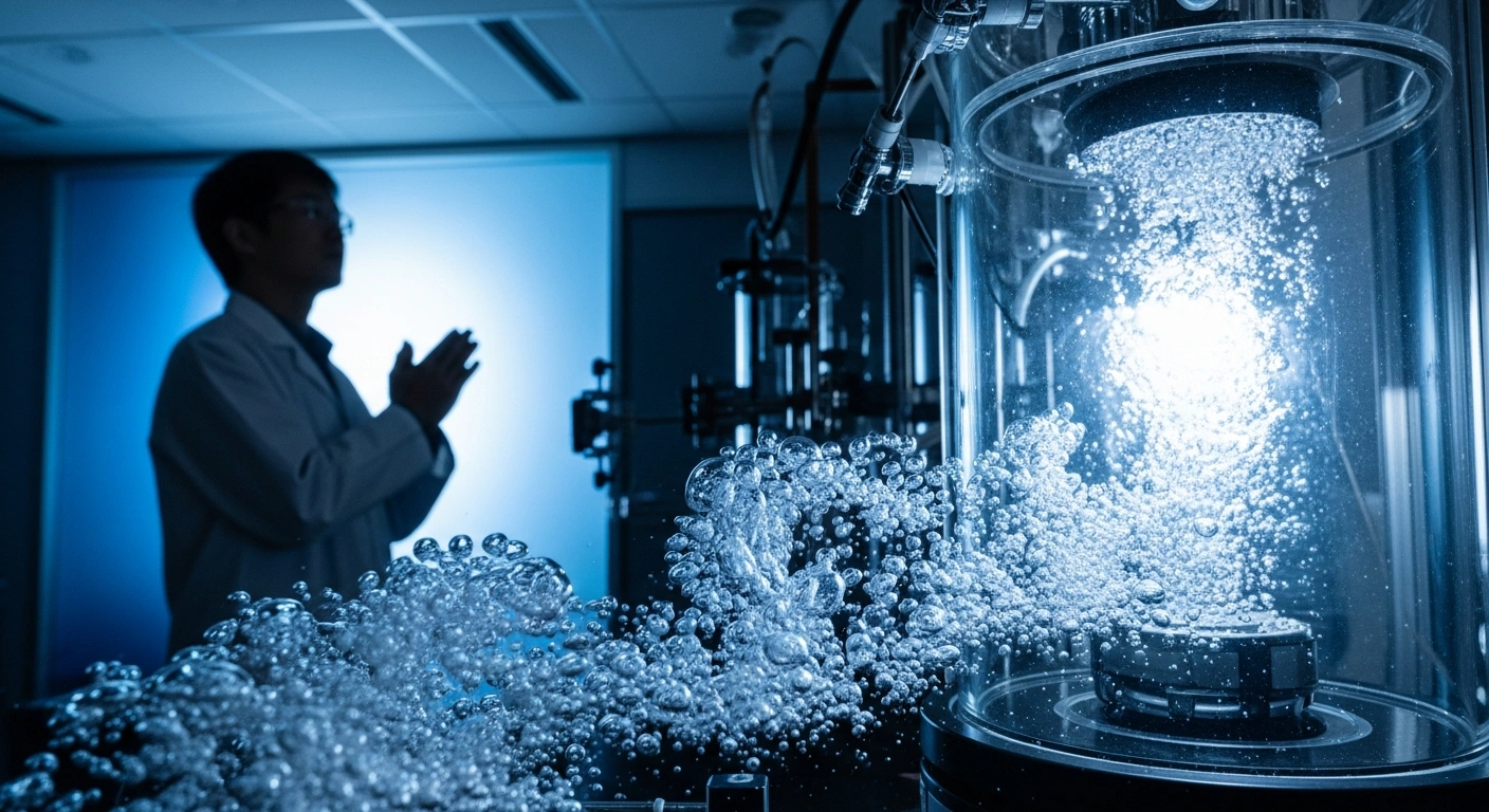 A futuristic laboratory scene depicts a glass reactor where carbon dioxide bubbles through water, dissolving lithium battery components, observed by a Chinese scientist, symbolizing a groundbreaking method for recycling lithium batteries and sequestering carbon.