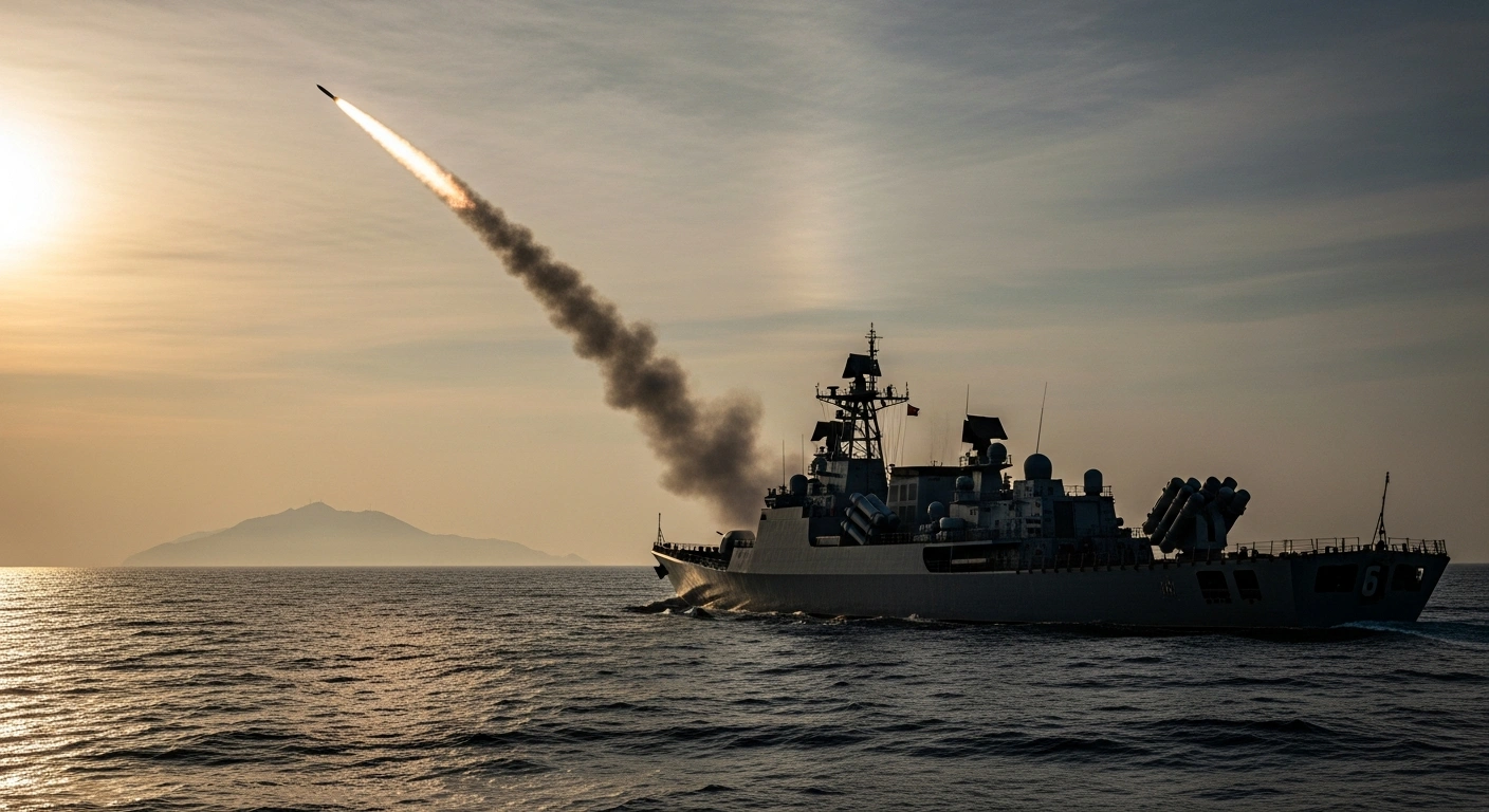 A Chinese naval destroyer launches a rocket at dawn during military drills, with the distant silhouette of an island on the horizon, symbolizing Beijing's ability to isolate Taiwan.
