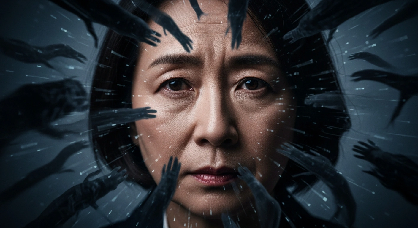 A close-up of a Japanese political leader's face, illuminated by stark light, is surrounded by a swirling, digital-like haze with shadowy forms, visually representing Chinese misinformation campaigns targeting Japanese Prime Minister Sanae Takaichi and spreading false claims on social media to undermine Japan's international standing.