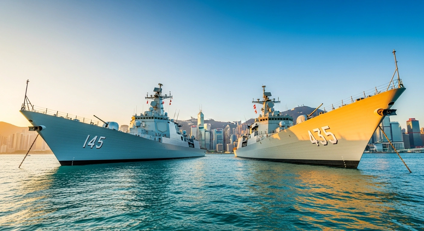 The Chinese People's Liberation Army Navy destroyer Nanning and frigate Hengyang are docked in Hong Kong harbor during an official visit.
