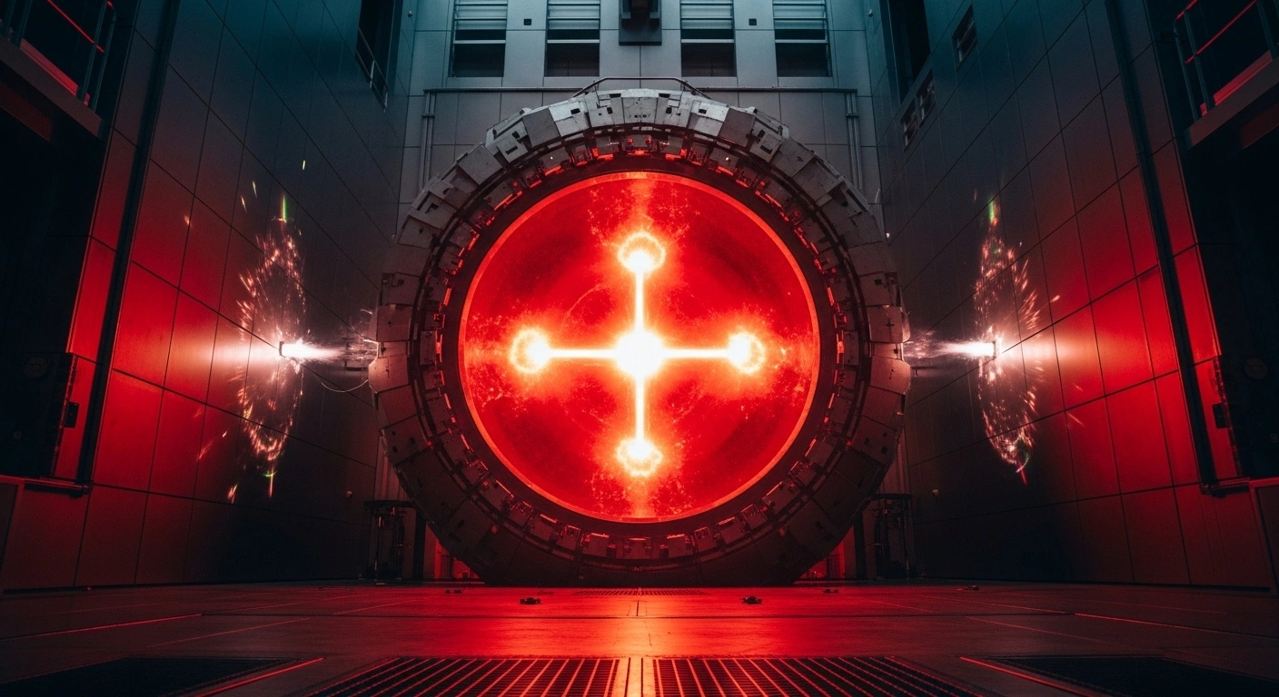 A visual representation of a laboratory experiment conducted by Chinese army engineers, showing three distinct, bright energy pulses erupting within a reinforced containment sphere, simulating a multi-point, high-yield nuclear explosion.