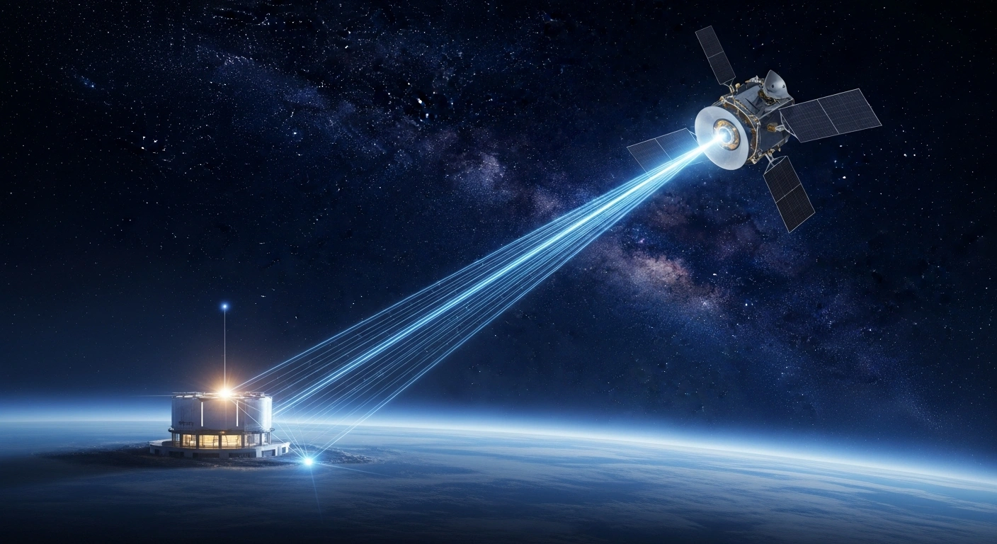 An advanced quantum communication satellite orbits Earth, emitting ethereal light beams that connect to a futuristic ground station, illustrating Chinese scientists' advancements in record-breaking satellite links and integrated space-to-ground networks for a secure global quantum internet.
